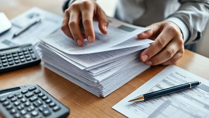 A photorealistic close-up of hands meticulously organizing a stack of financial documents, including bank statements and utility bills, on a clean wooden desk. A calculator and a pen are nearby, bathed in soft, professional office lighting, sharp focus on the documents, depth of field blurring the background, 8K hyper-detailed, professional photography, shot on a high-end DSLR.