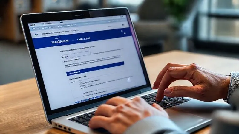 A photorealistic shot of a person's hands filling out an online application form for unemployment benefits on a laptop, with a focused expression. The screen shows official government website details, professional office lighting, sharp focus on the laptop screen and hands, depth of field blurring the background, 8K hyper-detailed, professional photography, shot on a high-end DSLR.