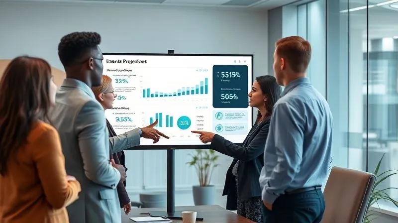 A diverse group of business professionals in a modern, well-lit office, collaborating around a large monitor displaying financial projections and recovery plans. They are pointing at data, discussing strategies, and appear focused and supportive, symbolizing leveraging collective resources and external expertise. Professional photography, 8K, cinematic lighting, sharp focus on the group and screen, depth of field, shot on a high-end DSLR.