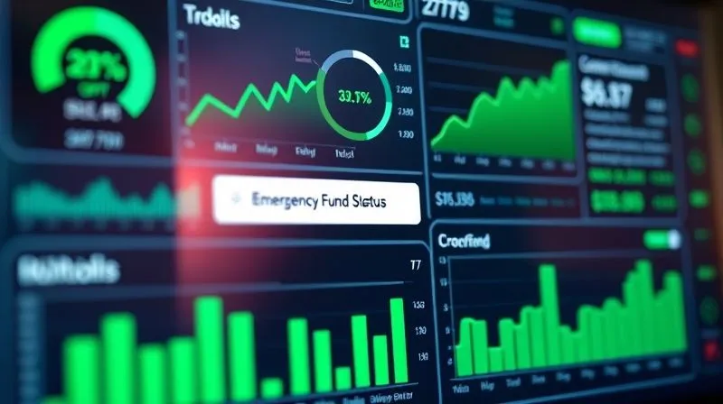 A professional-looking digital dashboard displaying financial metrics, growth charts, and a prominent 'Emergency Fund Status' indicator. The interface is clean and modern, with green positive trends, symbolizing financial resilience and strategic monitoring. Professional photography, 8K, cinematic lighting, sharp focus on the dashboard, depth of field, shot on a high-end DSLR.
