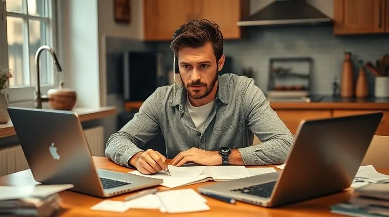 photorealistic, professional photography, 8K, cinematic lighting, sharp focus, depth of field, shot on a high-end DSLR. A person, looking focused and slightly stressed but determined, sits at a kitchen table surrounded by various bills and a laptop. They are holding a phone to their ear, actively negotiating, with a pen and notepad nearby. The lighting is practical, emphasizing the task at hand, with a warm but serious tone.