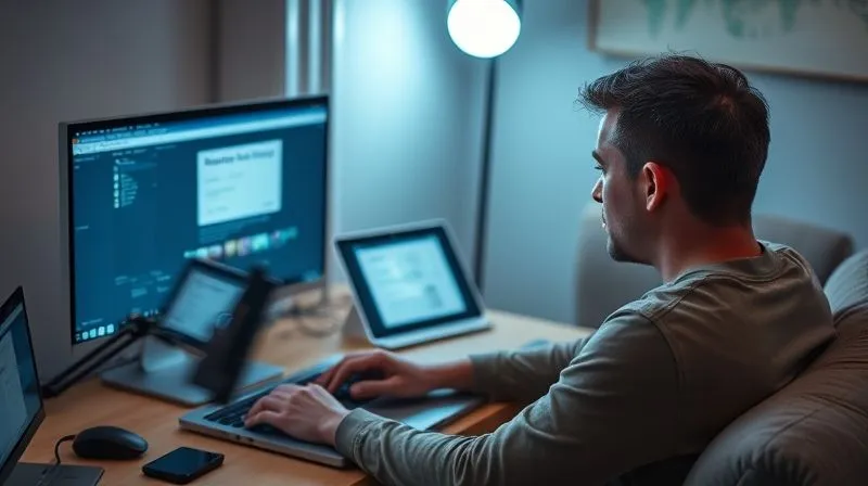 photorealistic, professional photography, 8K, cinematic lighting, sharp focus, depth of field, shot on a high-end DSLR. A person, mid-thirties, is intently working on a laptop at a home office setup, perhaps a dedicated corner of their living space. The screen shows a professional document or a freelance platform interface. A second, smaller monitor or tablet is open beside it, suggesting multiple income streams or tasks. The lighting is bright and focused on the workspace, conveying productivity and resourcefulness.