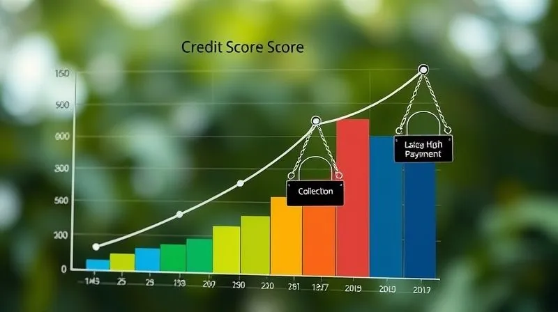 A diagram showing a credit score graph plummeting downwards with various negative factors (e.g., 'Late Payment', 'High Utilization', 'Collection') depicted as weights pulling it down. Photorealistic, professional photography, 8K, cinematic lighting, sharp focus on the graph and weights, depth of field blurring the background, shot on a high-end DSLR, visually representing financial impact.