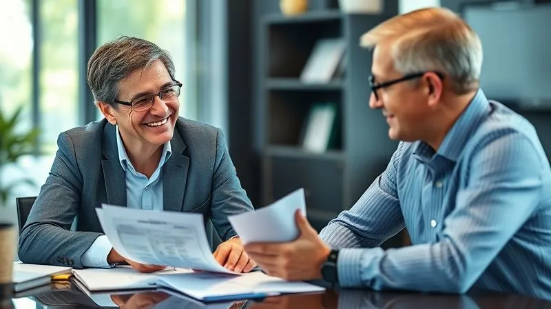 A professional financial advisor with a kind, empathetic expression, sitting across from a client at a desk, reviewing documents together. The advisor is pointing to a section on a credit report, offering guidance. Photorealistic, professional photography, 8K, cinematic lighting, sharp focus on the interaction, depth of field blurring the background, shot on a high-end DSLR, conveying trust and expert assistance.