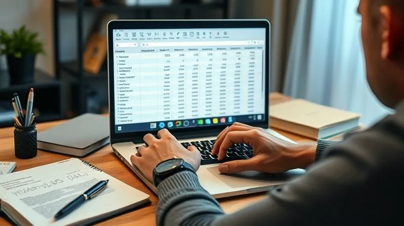 photorealistic, professional photography, 8K, cinematic lighting, sharp focus, depth of field, shot on a high-end DSLR, a person meticulously reviewing a detailed budget spreadsheet on a laptop, surrounded by notebooks and pens, with a focused and determined expression, the screen displaying categorized expenses and income, a subtle background blur of a modern, organized home office.