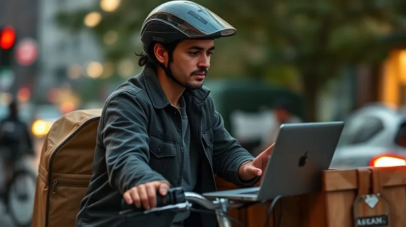 photorealistic, professional photography, 8K, cinematic lighting, sharp focus, depth of field, shot on a high-end DSLR, a person actively engaged in a side hustle, perhaps delivering food on a bicycle or working on a laptop with a freelance project, showing determination and focus, with a blurred city background or a cozy home office setup, symbolizing proactive income generation.