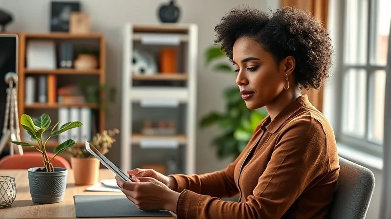 photorealistic, professional photography, 8K, cinematic lighting, sharp focus, depth of field, shot on a high-end DSLR, a person confidently looking at a growth chart on a tablet, surrounded by a serene, organized home office, with a potted plant symbolizing growth and resilience, soft natural light, conveying a sense of financial control and future planning.
