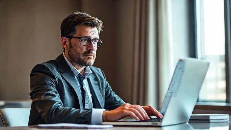 A photorealistic, professional photography shot of a thoughtful professional, dressed in business casual, sitting at a modern desk with a slightly worried but determined expression, looking at a digital financial statement on a laptop screen. Soft, natural light streams in from a window. 8K, cinematic lighting, sharp focus on the professional's face and the screen, depth of field. Shot on a high-end DSLR.