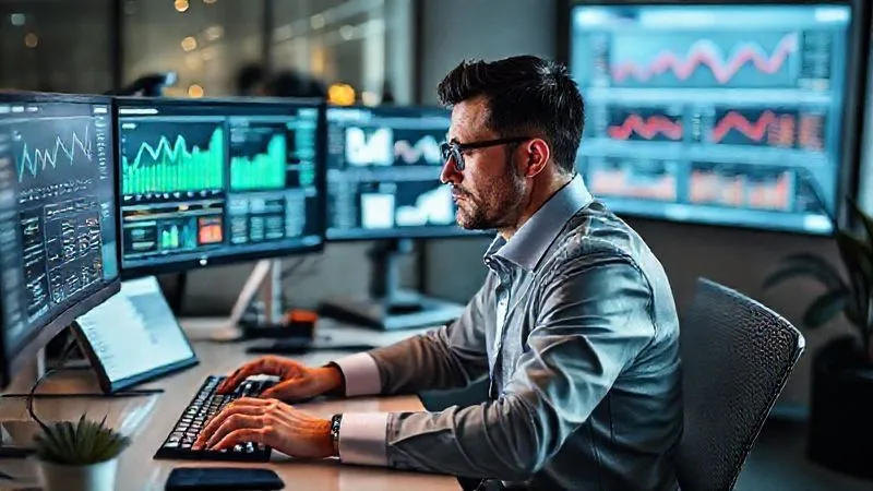 A photorealistic, professional photography shot of a focused professional, mid-career, working diligently at a modern desk with multiple screens displaying financial charts and project management tools. They are wearing smart casual attire, and there's a sense of productive energy. 8K, cinematic lighting, sharp focus on the professional and their work setup, depth of field. Shot on a high-end DSLR.