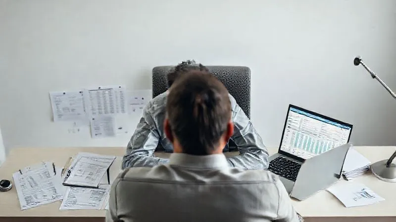A photorealistic image of a person sitting at a minimalist desk, surrounded by neatly organized financial documents, a laptop displaying a spreadsheet, and a focused expression. The desk is clean but hints at a serious task. Cinematic lighting highlights the person's face, conveying determination and clarity. Sharp focus on the documents and laptop, with a soft depth of field. Shot on a high-end DSLR, 8K.
