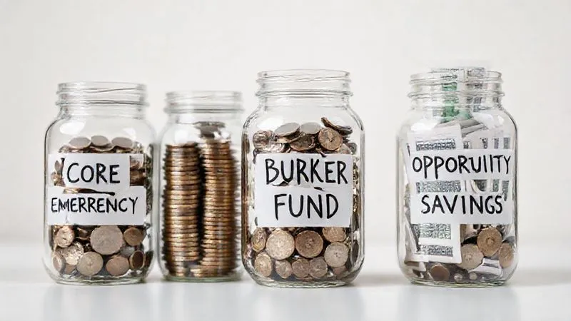 A photorealistic image of a series of transparent glass jars, each labeled differently (e.g., 'Core Emergency', 'Buffer Fund', 'Opportunity Savings'), filled with neatly stacked coins and crisp banknotes. The jars are arranged on a clean, light surface with cinematic lighting creating a sense of clarity and order. Sharp focus on the varied labels and contents, with a gentle depth of field. Shot on a high-end DSLR, 8K, conveying organized financial planning and resilience.