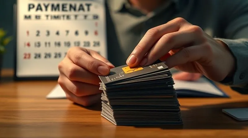 A photorealistic image of a person meticulously organizing a stack of credit cards, with a calendar marked for payment dates in the background. The scene is well-lit, emphasizing organization and financial discipline. Professional photography, 8K, cinematic lighting, sharp focus, depth of field, shot on a high-end DSLR.