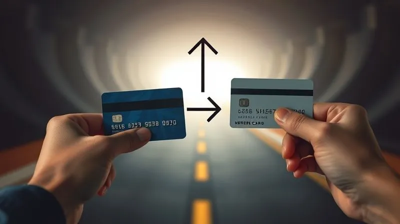 A photorealistic image of a person holding two credit cards, one secured and one unsecured, with a clear path or arrow moving from the secured card to the unsecured card. The background shows a dimly lit, challenging path transitioning into a bright, open road. Professional photography, 8K, cinematic lighting, sharp focus, depth of field, shot on a high-end DSLR.