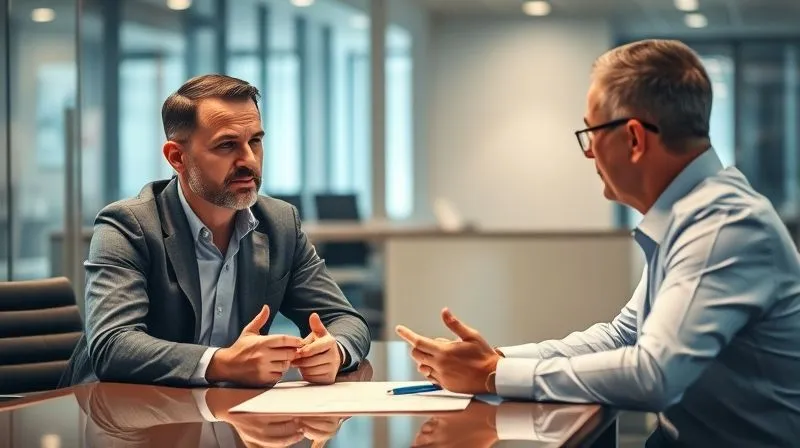 photorealistic, professional photography, 8K, cinematic lighting, sharp focus, depth of field, shot on a high-end DSLR, a business owner engaged in a serious yet constructive conversation with a financial advisor or bank representative, seated at a modern office table, hands gesturing slightly, conveying transparency and problem-solving. The background is blurred, focusing on the interaction.
