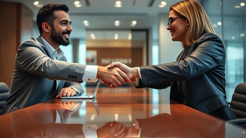 photorealistic, professional photography, 8K, cinematic lighting, sharp focus, depth of field, shot on a high-end DSLR, two professionals, a business owner and a bank relationship manager, shaking hands across a polished desk in a modern bank office, a sense of mutual respect and trust conveyed through their expressions, symbolizing a strong, ongoing financial partnership.