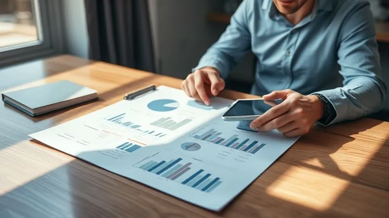 photorealistic, professional photography, 8K, cinematic lighting, sharp focus, depth of field, shot on a high-end DSLR, a meticulously organized business plan document open on a desk, with a focused entrepreneur reviewing financial projections on a tablet next to it, conveying strategic planning and forward-thinking. Sunlight streams through a window, highlighting the detailed documents.