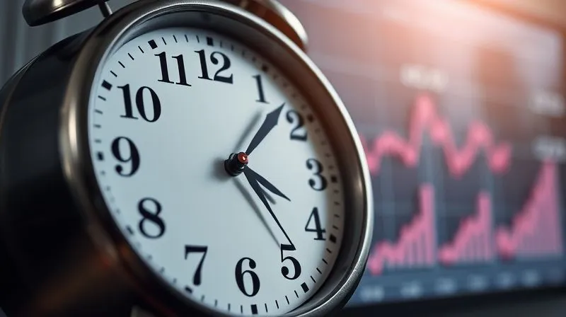 A photorealistic image of a clock face subtly blended with financial graphs showing a downward trend, symbolizing time-sensitive financial improvement. Professional photography, 8K, cinematic lighting, sharp focus on the clock and graphs, depth of field, shot on a high-end DSLR.