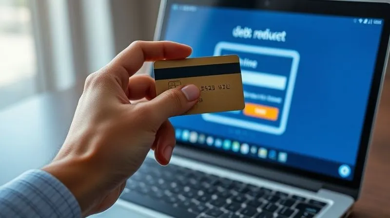 A photorealistic close-up of a hand holding a credit card, poised over a laptop keyboard displaying an online payment confirmation screen, symbolizing active debt reduction. Professional photography, 8K, cinematic lighting, sharp focus on the hand and screen, depth of field, shot on a high-end DSLR.