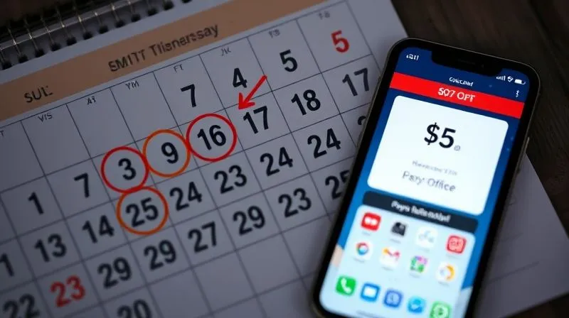 A photorealistic image of a calendar with several dates circled and marked with dollar signs or payment reminders, alongside a smartphone displaying a banking app. Professional photography, 8K, cinematic lighting, sharp focus on the calendar and phone, depth of field, shot on a high-end DSLR.