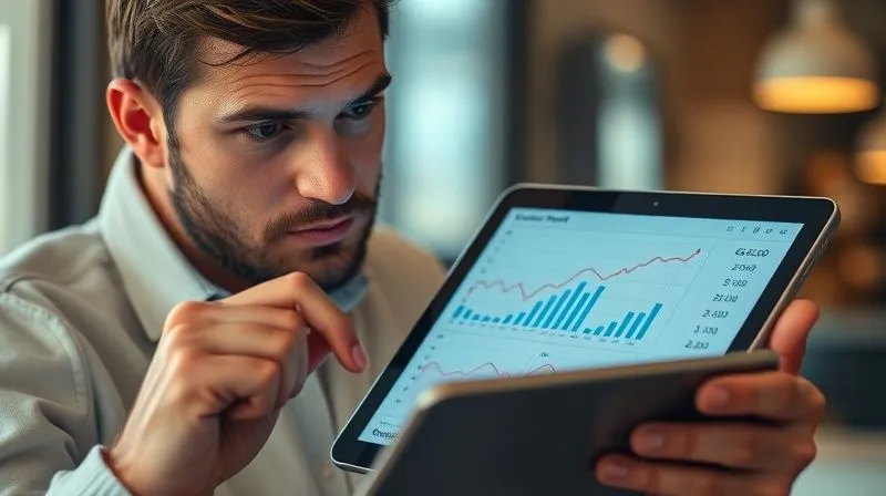 A photorealistic image of a person reviewing a digital credit report or financial dashboard on a tablet, with a focused, determined expression, symbolizing active financial monitoring. Professional photography, 8K, cinematic lighting, sharp focus on the tablet and face, depth of field, shot on a high-end DSLR.