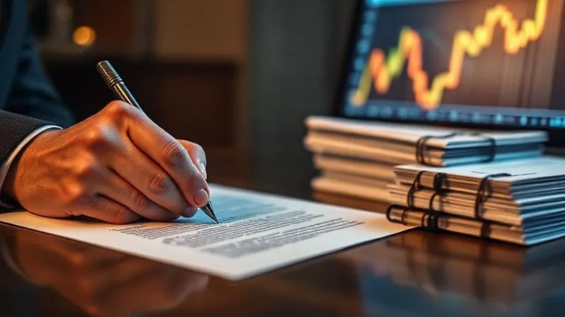 photorealistic, professional photography, 8K, cinematic lighting, sharp focus on a person's hands delicately signing a legal document, with a blurred background showing a stack of professional bond certificates and a subtle, glowing financial graph on a screen, symbolizing trust and financial commitment.