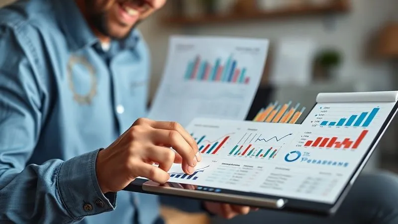 photorealistic, professional photography, 8K, cinematic lighting, sharp focus on a person meticulously tracking various financial accounts on a sleek digital tablet, surrounded by charts and graphs, with a determined yet hopeful expression. The background is softly blurred, suggesting a home office environment.