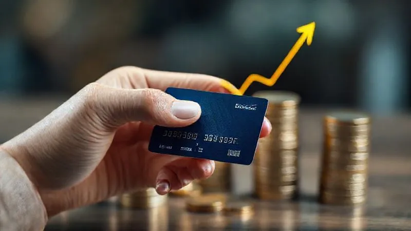 A photorealistic image of a hand holding a credit card with a blurred background of a stack of coins and a digital credit score graph rising, symbolizing financial growth and security, cinematic lighting, sharp focus on the hand and card, depth of field, 8K hyper-detailed.