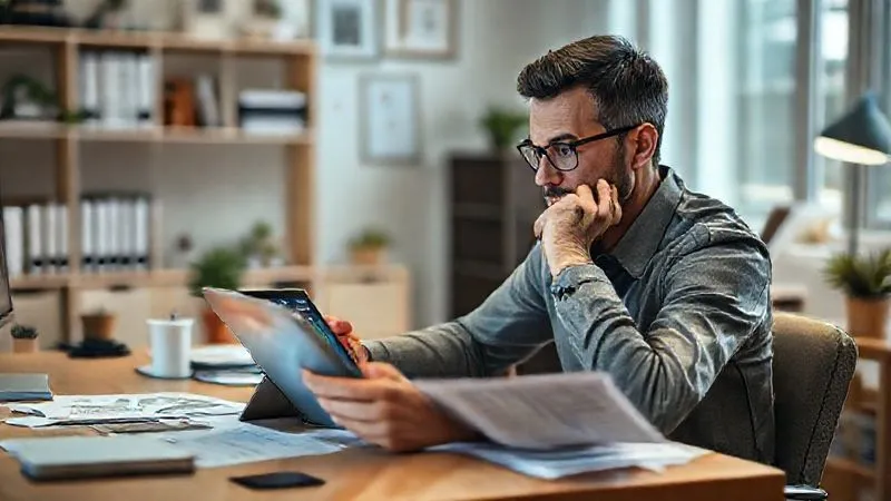 A photorealistic image of a person sitting at a desk, reviewing financial documents and a tablet showing a credit score dashboard, with a thoughtful, focused expression. The background shows a neatly organized home office, symbolizing financial order and control, cinematic lighting, sharp focus on the person and documents, depth of field, 8K hyper-detailed.