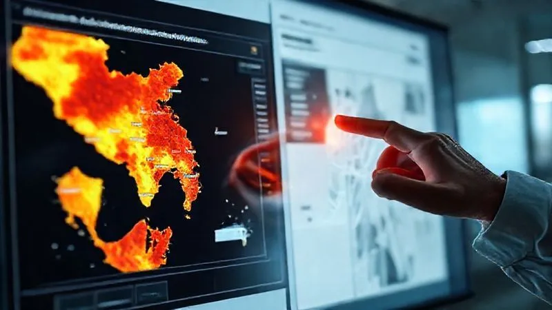 Photorealistic, professional photography of a sleek, futuristic claims processing interface on a large touch screen. The screen displays a heat map of a disaster zone overlaid with policyholder locations, next to a panel showing AI-generated damage estimates from drone footage. A subtle glow emanates from the screen, reflecting on a focused, professional hand interacting with the interface. 8K, cinematic lighting, sharp focus, depth of field.