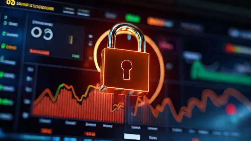 A photorealistic image of a padlock icon superimposed over a digital dashboard displaying credit score trends and transaction alerts, futuristic, secure, 8K, cinematic lighting, sharp focus, depth of field.