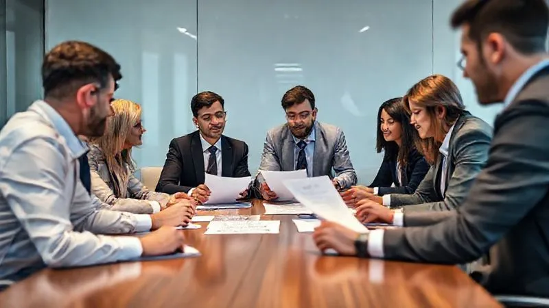 A photorealistic image of a diverse team of financial and legal professionals collaborating around a conference table, reviewing documents and discussing strategy, conveying expertise and support, cinematic lighting, sharp focus, depth of field, 8K hyper-detailed.