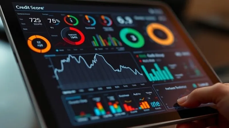 A photorealistic, professional photography image of a sophisticated financial dashboard displayed on a high-resolution tablet, showing various complex metrics and graphs. One prominent graph indicates a declining credit score, sharply contrasting with other metrics showing high asset values and investment growth. Cinematic lighting, sharp focus on the credit score graph, depth of field subtly blurring the background, 8K hyper-detailed.