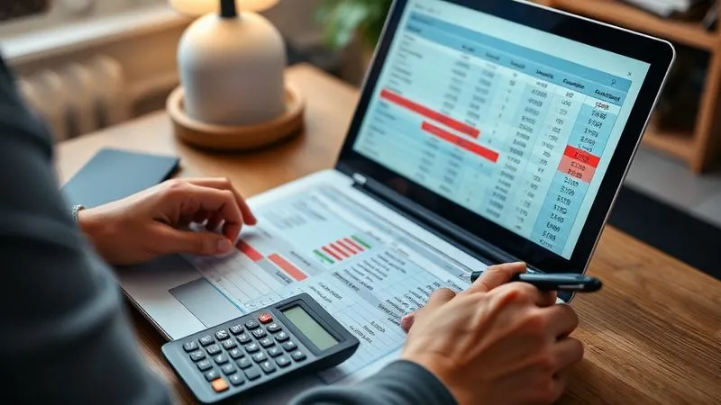 A person meticulously reviewing a budget spreadsheet on a laptop, with a calculator and a pen nearby. They are highlighting specific expense categories in red, indicating cuts. The setting is a home office, with soft, focused lighting, professional photography, 8K, cinematic lighting, sharp focus on the screen, depth of field blurring the background, shot on a high-end DSLR.