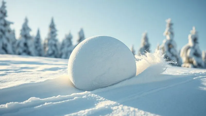 A dynamic photorealistic image of a large, perfectly spherical snowball rapidly rolling down a gentle, snowy incline, gathering more snow and growing in size. The background shows a clear, crisp winter landscape. Cinematic lighting, sharp focus on the snowball, depth of field blurring the distant trees, 8K hyper-detailed, professional photography, shot on a high-end DSLR.