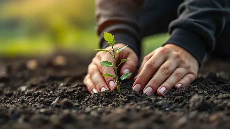 A person carefully planting a small, vibrant green sapling in rich, dark soil, with their hands gently patting the earth around it. The background shows a blurry but hopeful landscape, symbolizing growth and future prosperity. Cinematic lighting, sharp focus on the sapling and hands, depth of field blurring the background, 8K hyper-detailed, professional photography, shot on a high-end DSLR.