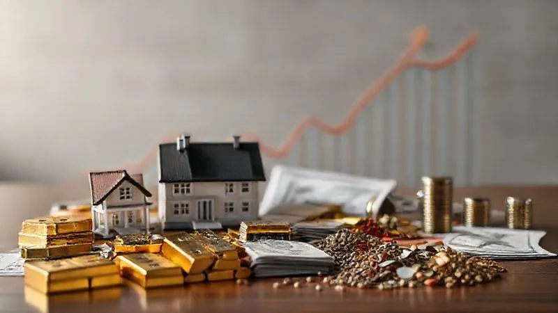 Photorealistic, professional photography, 8K, cinematic lighting, sharp focus, depth of field, shot on a high-end DSLR. A diverse collection of financial symbols spread across a table: gold bars, real estate miniature models, a stack of company stock certificates, and a small pile of commodities. The items are distinct but unified, representing a well-diversified portfolio against a subtly blurred backdrop of a rising inflation graph. The lighting is strong and clear, highlighting the variety of assets.