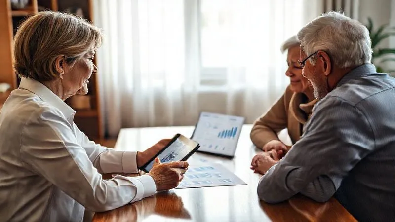 Photorealistic, professional photography, 8K, cinematic lighting, sharp focus, depth of field, shot on a high-end DSLR. A financial advisor, a woman in her late 40s with a reassuring expression, sits across a polished wooden desk from a senior couple. They are looking at a tablet displaying a clear, easy-to-understand financial report with charts. The advisor is gesturing gently, explaining complex concepts with clarity and empathy. The setting is a professional, comfortable office, bathed in soft, natural light, emphasizing trust and understanding.