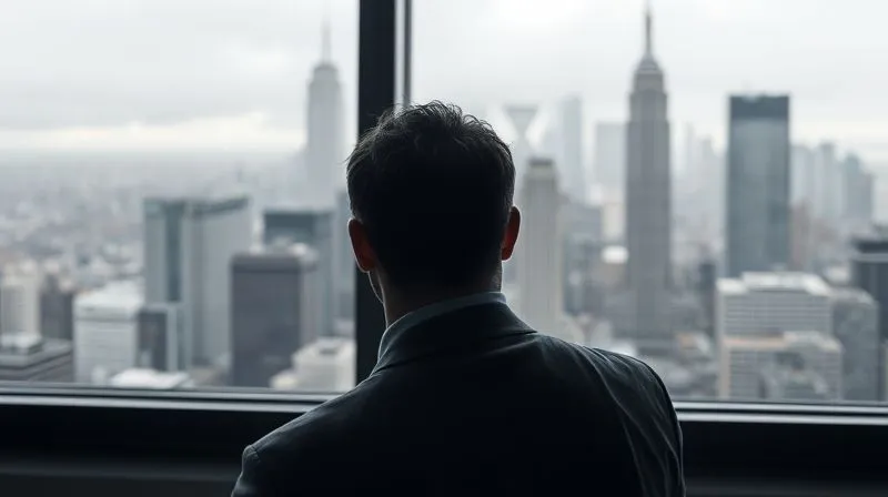 A photorealistic image of a lone financial advisor looking out a window at a stormy, grey city skyline, reflecting market uncertainty, 8K, cinematic lighting, sharp focus, depth of field.