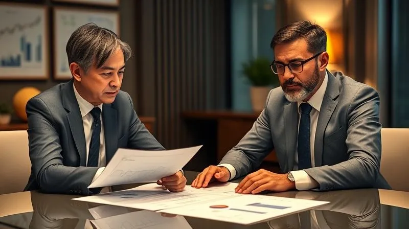 A photorealistic image of a financial advisor calmly explaining complex charts to a concerned client, both sitting at a polished desk, with a warm, reassuring atmosphere, 8K, cinematic lighting, sharp focus.