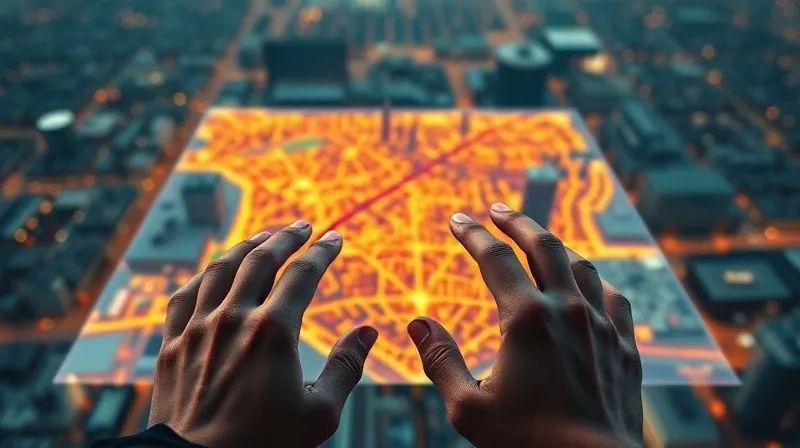 photorealistic, professional photography, 8K, cinematic lighting, sharp focus, depth of field, shot on a high-end DSLR, a vibrant, detailed 3D heat map of a city showing population density changes over two decades, with subtle arrows indicating migration flows, overlaid on a holographic interface, hands interacting with the data, symbolizing predictive analytics in real estate.