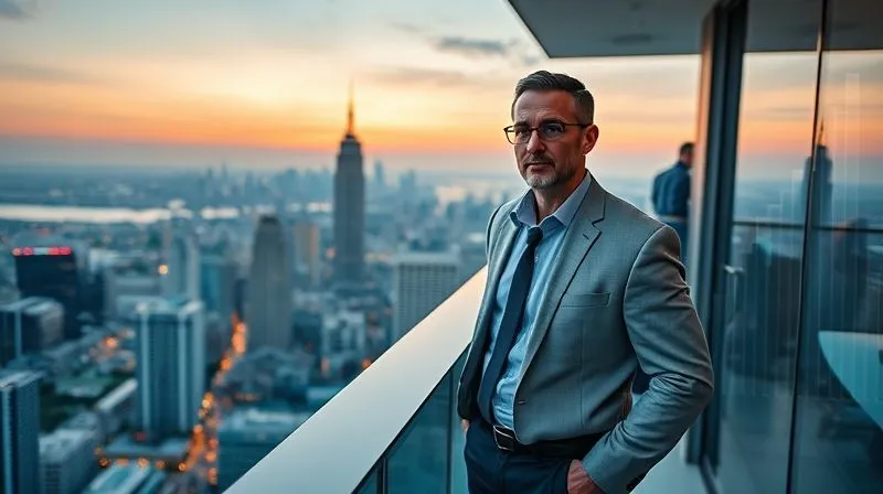 photorealistic, professional photography, 8K, cinematic lighting, sharp focus, depth of field, shot on a high-end DSLR, a confident real estate investor standing on a high-rise balcony overlooking a vibrant, modern city skyline at dawn, with a subtle holographic overlay of positive demographic growth charts, symbolizing a successful and future-proofed real estate portfolio, sense of optimism and strategic vision.