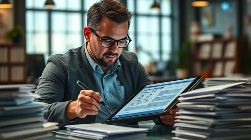 A photorealistic image of a business owner meticulously reviewing a complex digital credit report on a tablet, surrounded by stacks of paper documents, a magnifying glass resting on one, dramatic cinematic lighting highlighting the focused expression, 8K hyper-detailed, depth of field blurring the background of a modern office, shot on a high-end DSLR.