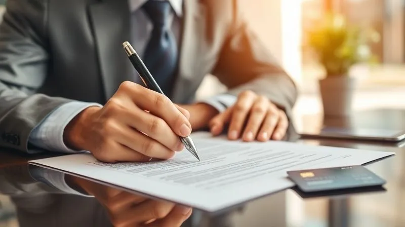 A photorealistic image of a business executive confidently signing a business loan document, a pen in hand, with a secured business credit card visible on the table, the background showing a bright, modern office space, warm cinematic lighting, sharp focus, depth of field, 8K, shot on a high-end DSLR.