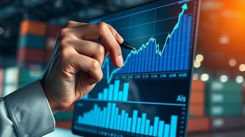 A photorealistic close-up of a business executive's hand holding a pen, pointing at a positive financial graph on a computer screen, with a subtle background of shipping containers and logistics operations, symbolizing recovery and growth after a challenge, cinematic lighting, sharp focus, depth of field, 8K, shot on a high-end DSLR.