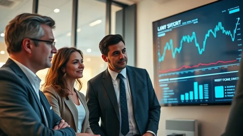 A photorealistic image of a diverse team of business professionals (lawyer, financial advisor, cybersecurity expert) in a modern conference room, looking at a digital projection of financial data, collaborating intently, suggesting expert consultation and teamwork, cinematic lighting, sharp focus, depth of field, 8K, shot on a high-end DSLR.