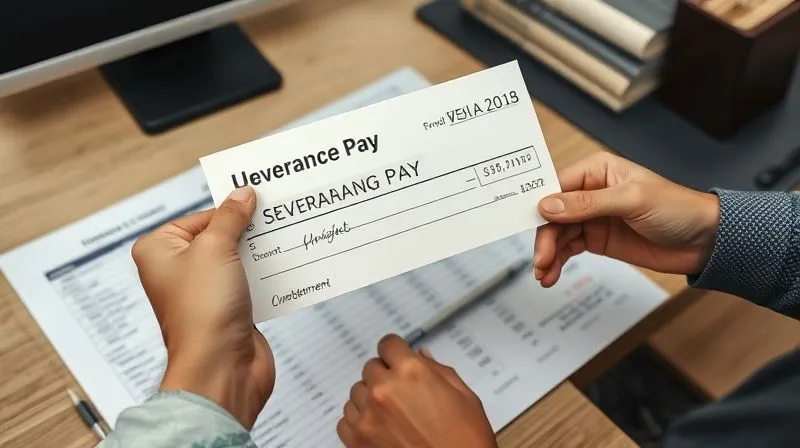 photorealistic, professional photography, 8K, cinematic lighting, sharp focus, depth of field, shot on a high-end DSLR, a person's hand holding a check for 'Severance Pay' and another hand holding a document for 'Unemployment Benefits' over a spreadsheet showing financial allocations, with a calculator nearby. The background is a clean, organized home office, conveying careful financial planning and responsibility.