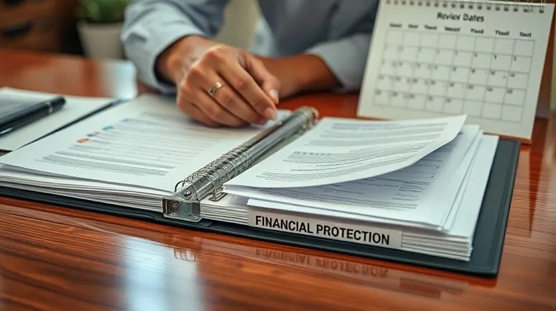 photorealistic, professional photography, 8K, cinematic lighting, sharp focus, depth of field, shot on a high-end DSLR, a person meticulously organizing various insurance documents (health, disability, life) in a binder labeled 'Financial Protection' on a polished wooden desk, with a calendar marked for 'Review Dates' in the background. The scene conveys diligence and proactive financial management.