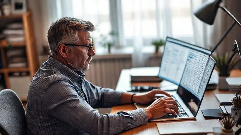 Photorealistic, professional photography, 8K, cinematic lighting, sharp focus, depth of field, shot on a high-end DSLR. A person sitting at a desk, looking thoughtfully at a detailed financial spreadsheet on a laptop, with a serious but determined expression, surrounded by a subtle, organized home office environment.
