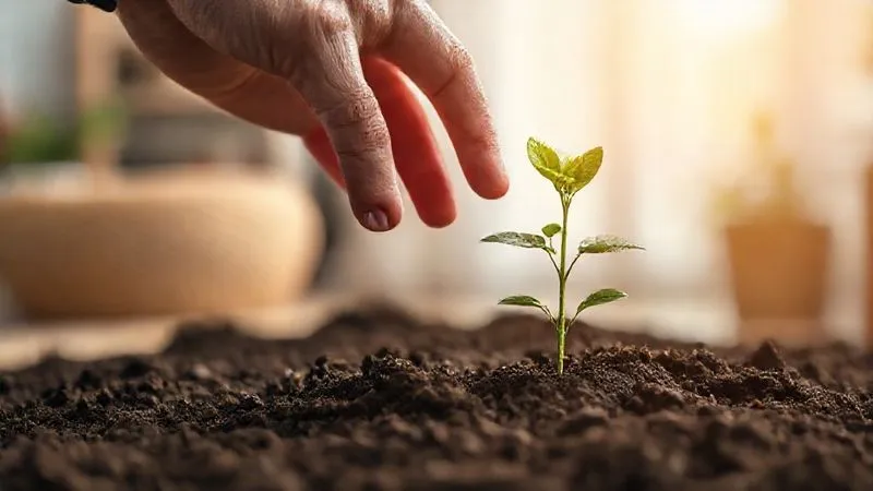 Photorealistic, professional photography, 8K, cinematic lighting, sharp focus, depth of field, shot on a high-end DSLR. A protective, strong hand gently shielding a small, growing plant in rich soil, with a blurred background of a calm, secure home environment. This symbolizes nurturing and protecting future financial security.