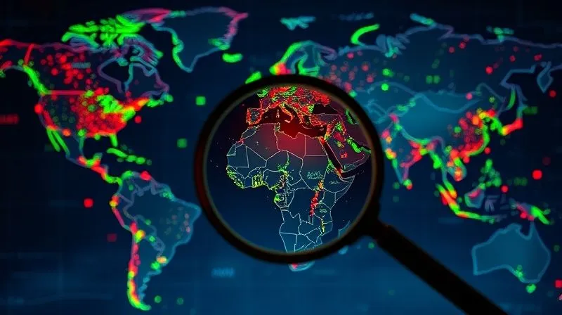 A photorealistic image of a world map overlaid with a complex web of interconnected economic data points, some glowing green, some red, representing global trade routes and financial flows. In the foreground, a magnifying glass highlights a specific region with turbulent economic indicators. Professional photography, 8K, cinematic lighting, sharp focus on the highlighted region, depth of field blurring the broader map, shot on a high-end DSLR. It evokes the complexity and interconnectedness of global economic factors.